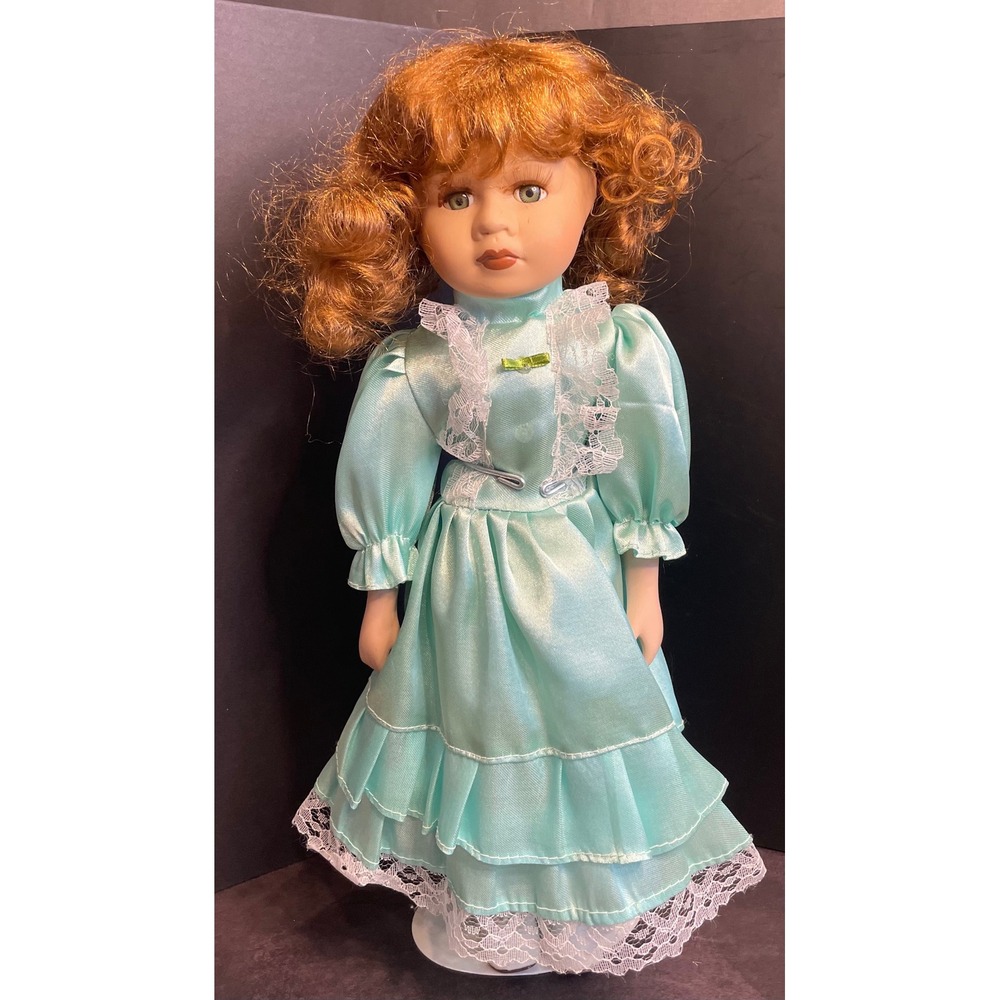 Vintage Porcelain Doll Red Hair Green Eyes Mint Green Satin Lace Dress
